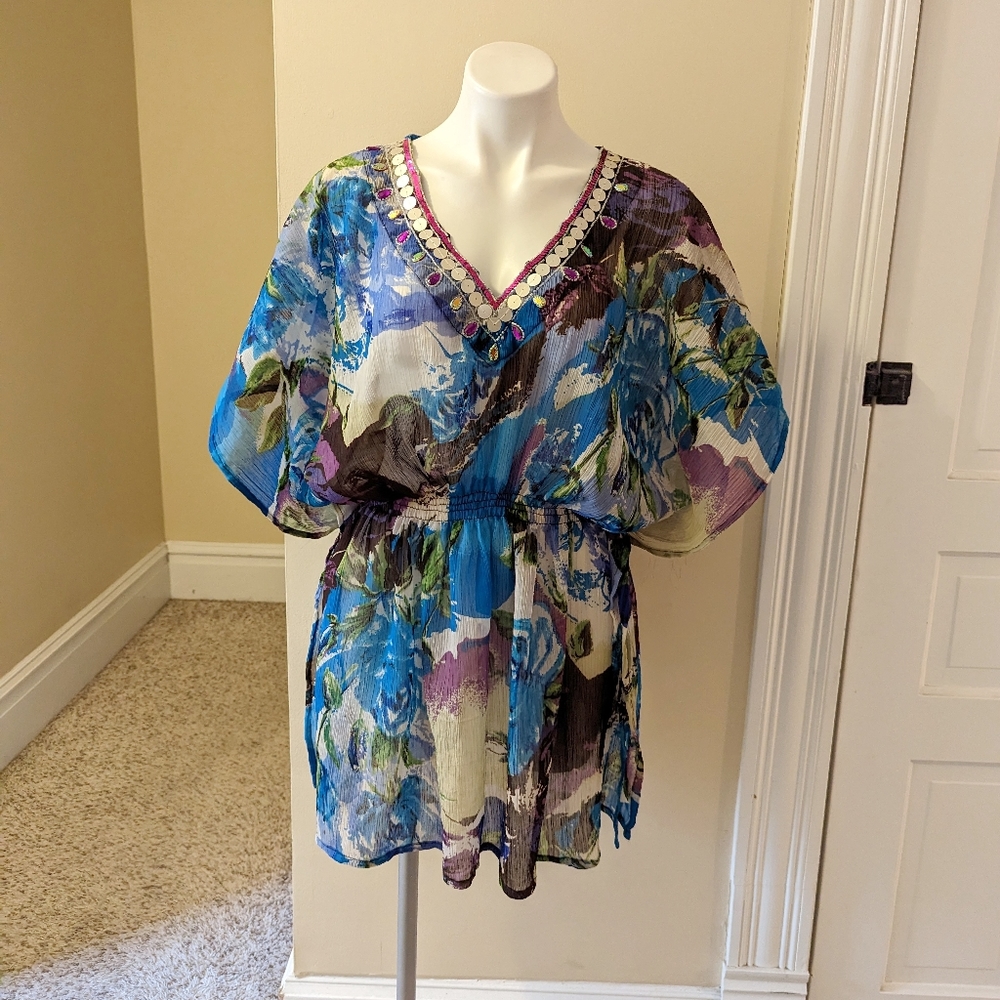 Vintage Neelam blue, purples, green and white print swim cover up OS